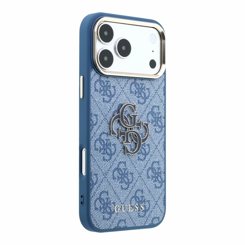 Guess PU 4G zadný kryt s kovovým logom z živice pre iPhone 18 Pro, modrý