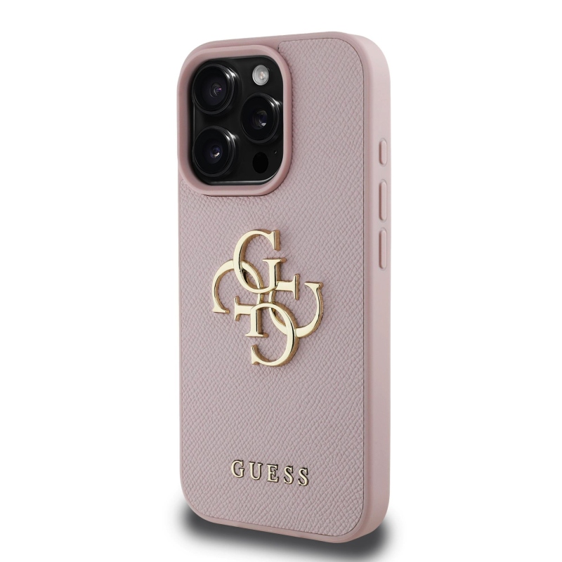 Guess PU Grained 4G Metal Logo Zadný Kryt pre iPhone 15 Pro Pink