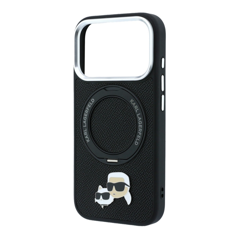 Karl Lagerfeld PU Grained K&CH Heads Ring Stand Magsafe zadný kryt pre iPhone 18 Pro, čierny
