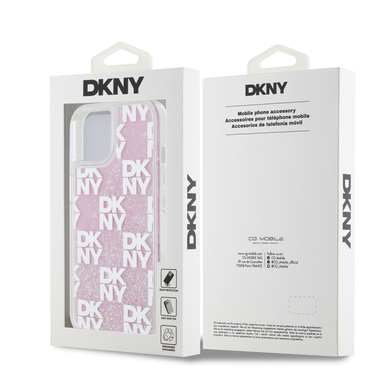 DKNY Liquid Glitter Checkered Pattern Zadný Kryt pre iPhone 15 Pink