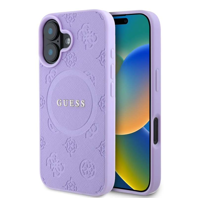 Guess Saffiano Peón Stamp MagSafe Zadný Kryt pre iPhone 16 Purple