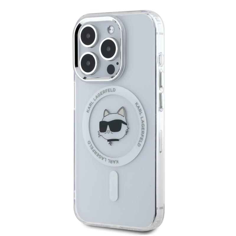 Karl Lagerfeld IML Chúpette Head Metal Frame MagSafe Zadný Kryt pre iPhone 15 Pro Transparent