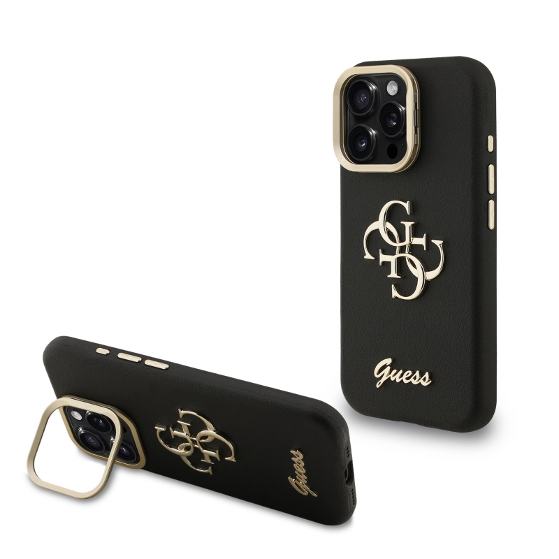 Guess PU Grained 4G Logo Stand Camera Frame Zadný Kryt pre iPhone 16 Pro Max Black