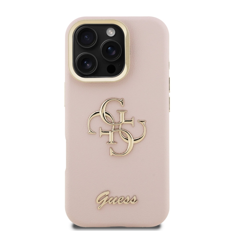Guess PU Grained 4G Logo Stand Camera Frame Zadný Kryt pre iPhone 16 Pro Max Pink