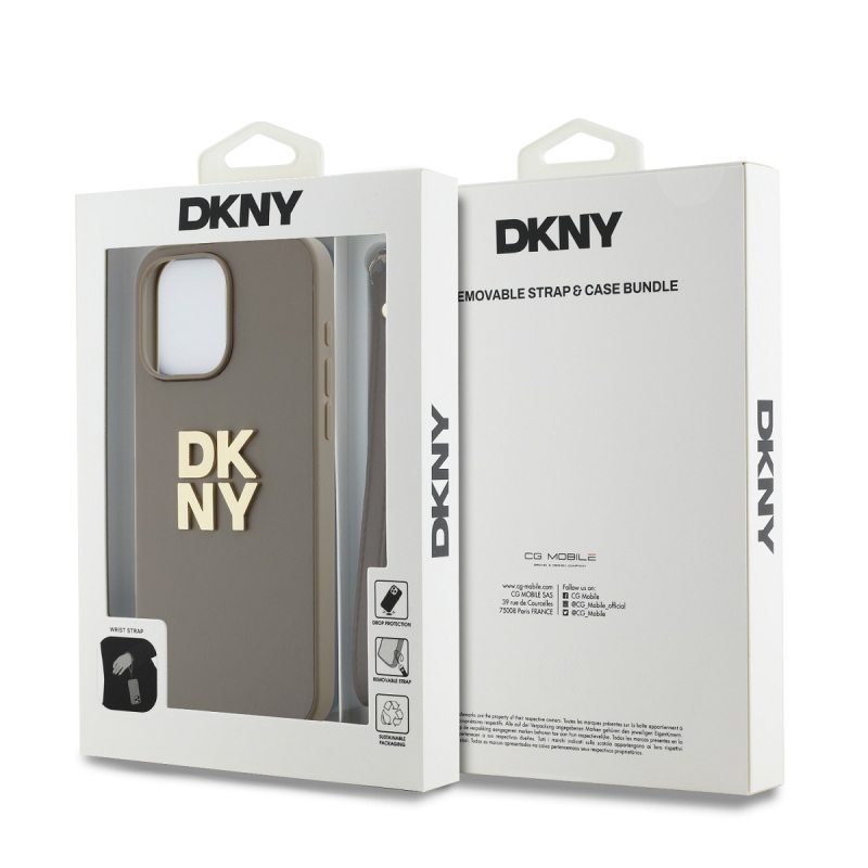 DKNY PU Leather Stack Logo Wrist Strap Zadný Kryt pre iPhone 15 Pro Max Beige