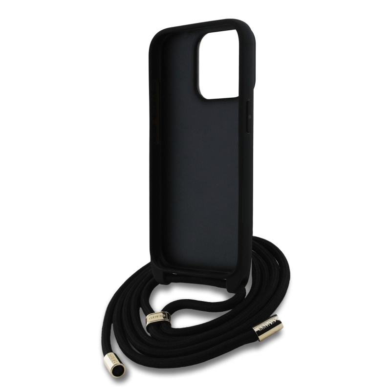 Guess PU 4G Kovové logo Crossbody Strap Zadný kryt pre iPhone 15 Pro Black