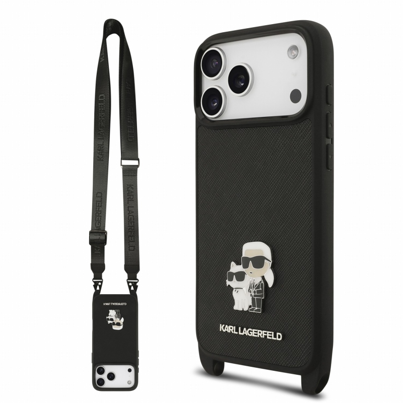 Karl Lagerfeld Saffiano Crossbody popruh Metal Karl a Choupette zadný kryt pre iPhone 18 Pro Max čierny