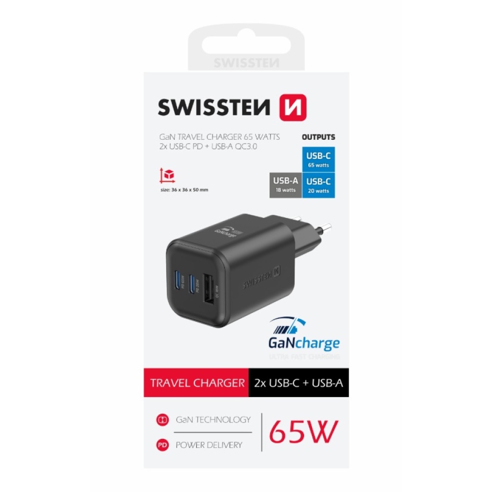 Nabíjačka Swissten GaN 2x USB-C 65W PD + 1x USB-A 18W QC - čierna