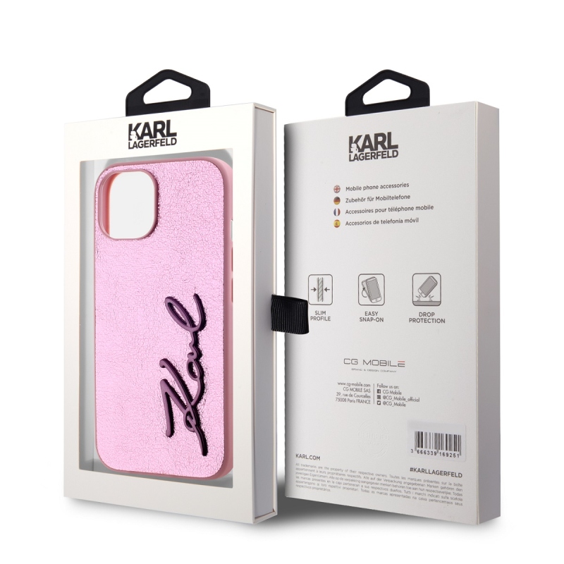 Karl Lagerfeld Wrinkled PU Signature Logo Zadný Kryt pre iPhone 15 Pink