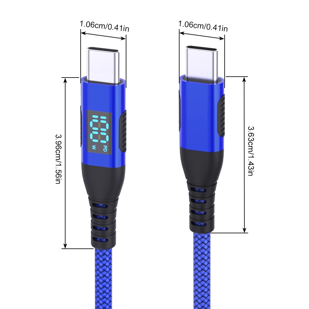 Nylonový kábel USB-C / USB-C s displejom 1m 100W - modrý