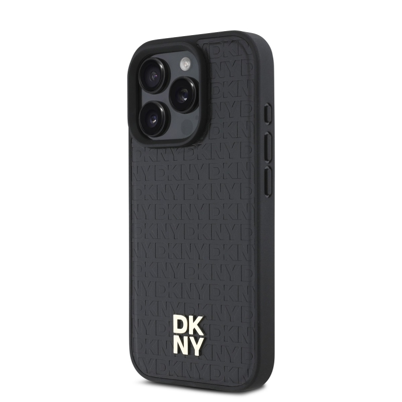 DKNY PU Leather Repeat Pattern Stack Logo MagSafe Zadný Kryt pre iPhone 16 Pro Black