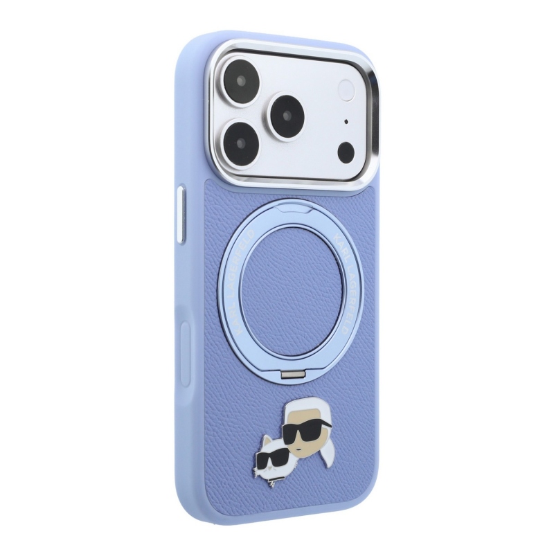 Karl Lagerfeld PU Grained K&CH Heads Ring Stand Magsafe zadný kryt pre iPhone 18 Pro, modrý