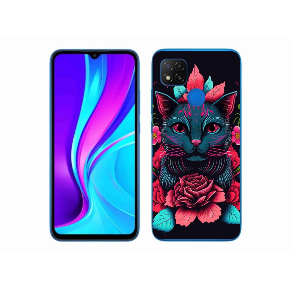 Gelový kryt mmCase na Xiaomi Redmi 9C - květiny a kočka