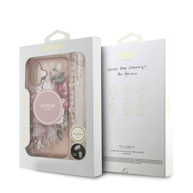 Guess IML Flowers Strap MagSafe zadný kryt pre iPhone 17 Pink