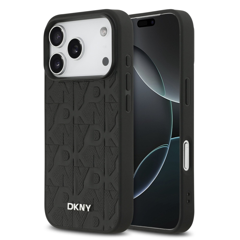 DKNY PU kožený zadný kryt Magsafe so vzorom mriežky pre iPhone 17 Pro Black