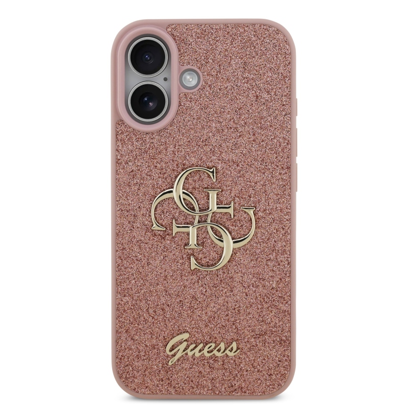 Guess PU pevný zadný kryt s kovovým logom 4G s trblietkami pre iPhone 17 Pink