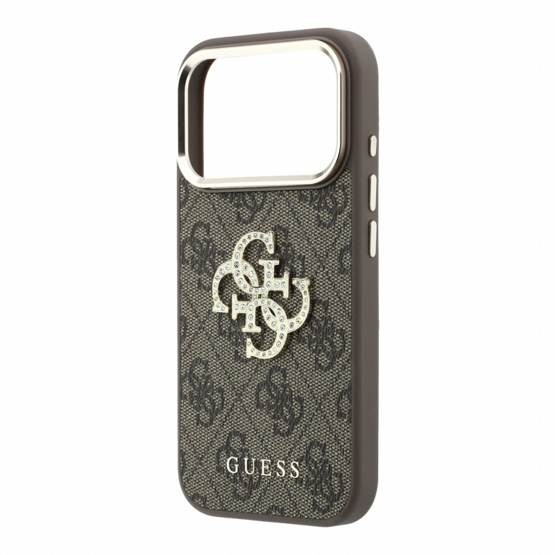 Guess PU 4G Strass Metal Logo zadný kryt pre iPhone 18 Pro, hnedý