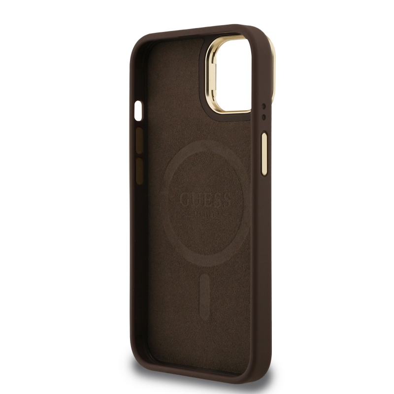 Guess PU 4G Strass Triangle Logo Stand Camera Frame MagSafe Zadný Kryt pre iPhone 15 Brown