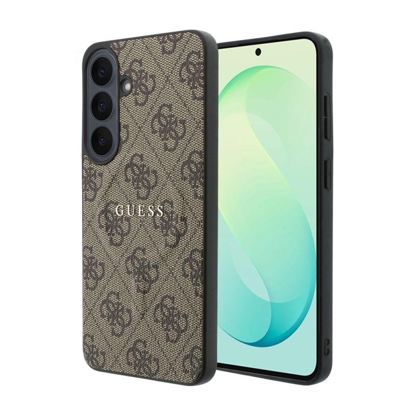 Guess PU koža 4G so zlatým rámom a magnetickým uzáverom – zadný kryt pre Samsung Galaxy S26 FE, hnedý