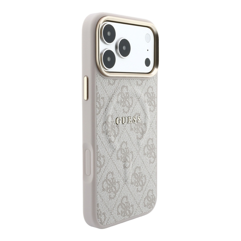 Guess PU koža 4G so zlatým rámom a reliéfom, zadný kryt MagSafe pre iPhone 18 Pro, ružový