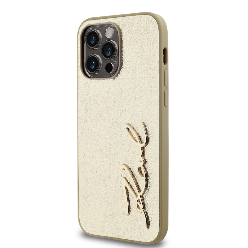 Karl Lagerfeld Wrinkled PU Signature Logo Zadný Kryt pre iPhone 14 Pro Gold