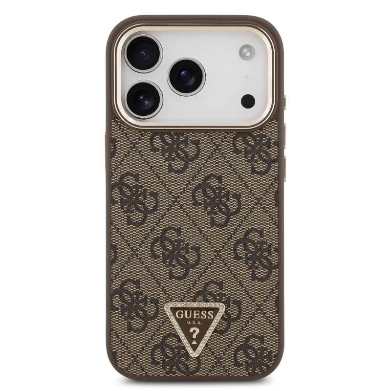 Guess PU kožený 4G štrasové trojuholníkové logo Gold Frame MagSafe zadný kryt pre iPhone 17 Pro Brown