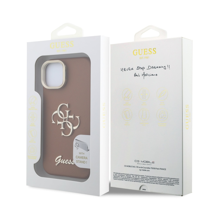 Guess PU Grained 4G Logo Stand Camera Frame Zadný Kryt pre iPhone 14 Brown