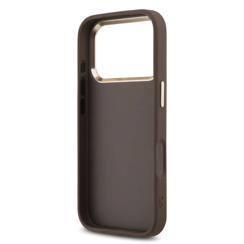 Guess PU kožený 4G kovové logo Gold Frame zadný kryt pre iPhone 17 Pro Brown
