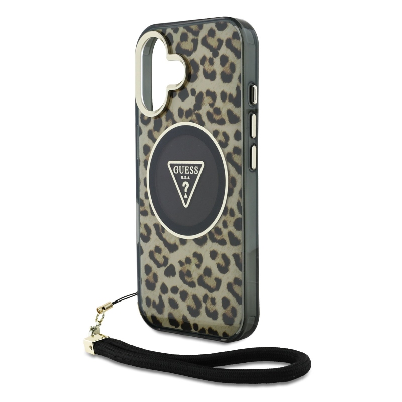 Guess IML Leopard Triangle Logo Strap MagSafe zadný kryt pre iPhone 16 Brown