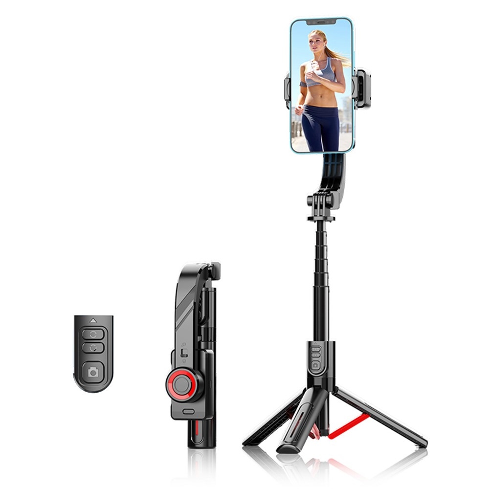 C08 stabilizátor na mobil so selfie tyčou, statívom a Bluetooth ovládaním - čierna / červená