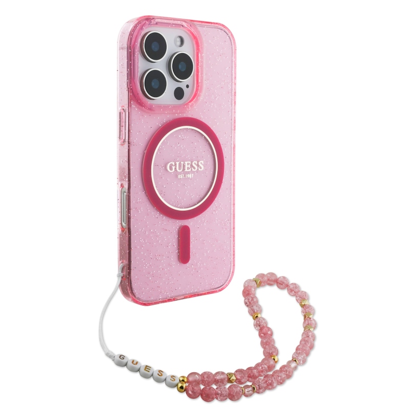 Guess IML Glitter Strap MagSafe Zadný Kryt pre iPhone 16 Pro Pink