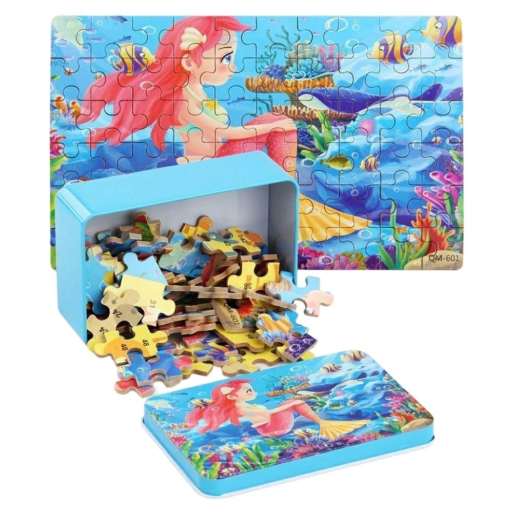 Drevené puzzle v kovovej krabičke 60 dielikov - morská panna