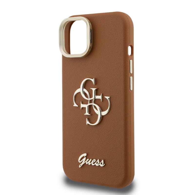Guess PU Grained 4G Logo Stand Camera Frame Zadný Kryt pre iPhone 14 Brown