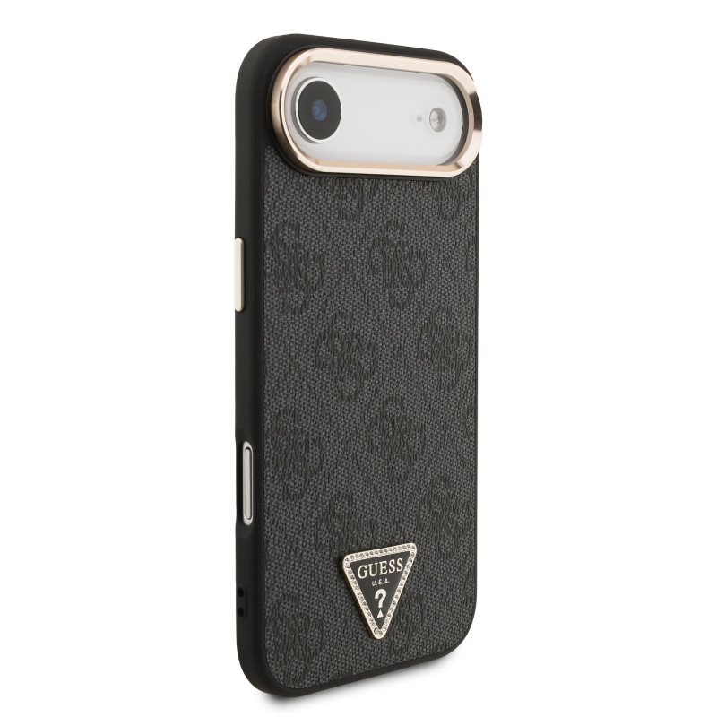 Guess PU kožený 4G štrasové trojuholníkové logo Gold Frame MagSafe zadný kryt pre iPhone Air Black