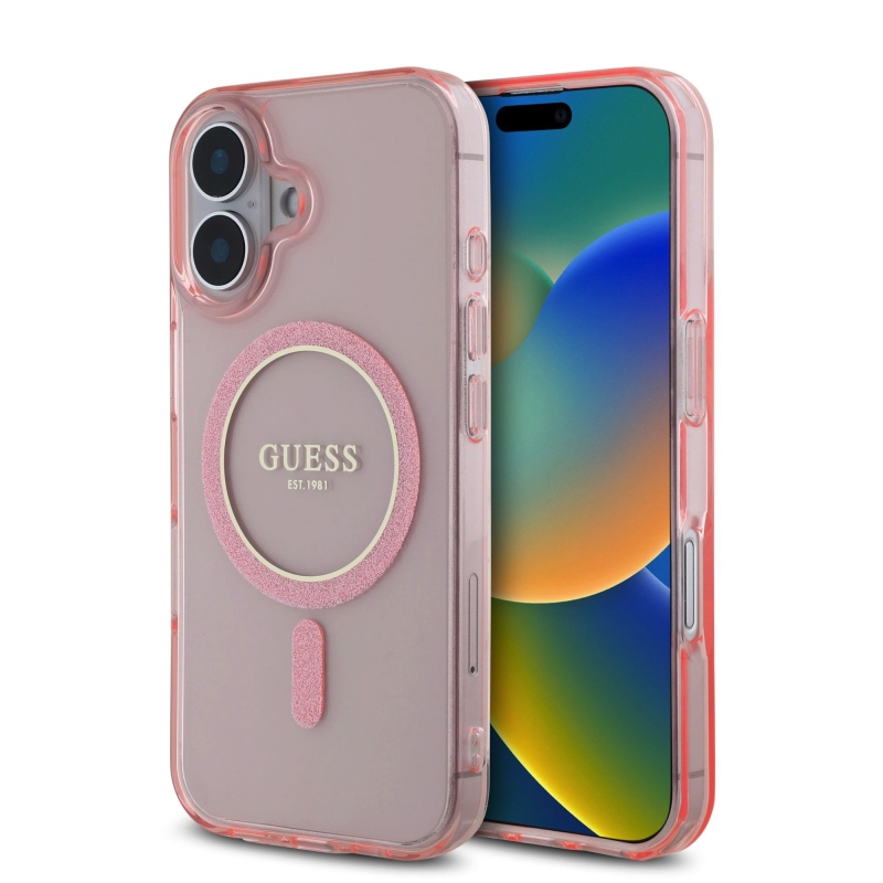 Guess IML Glitter Ring MagSafe Zadný Kryt pre iPhone 16 Pink