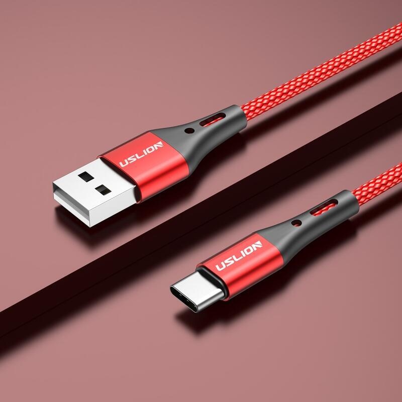 USLION tkaný USB kábel Type-C pre nabíjanie a synchronizáciu / 1m - červený