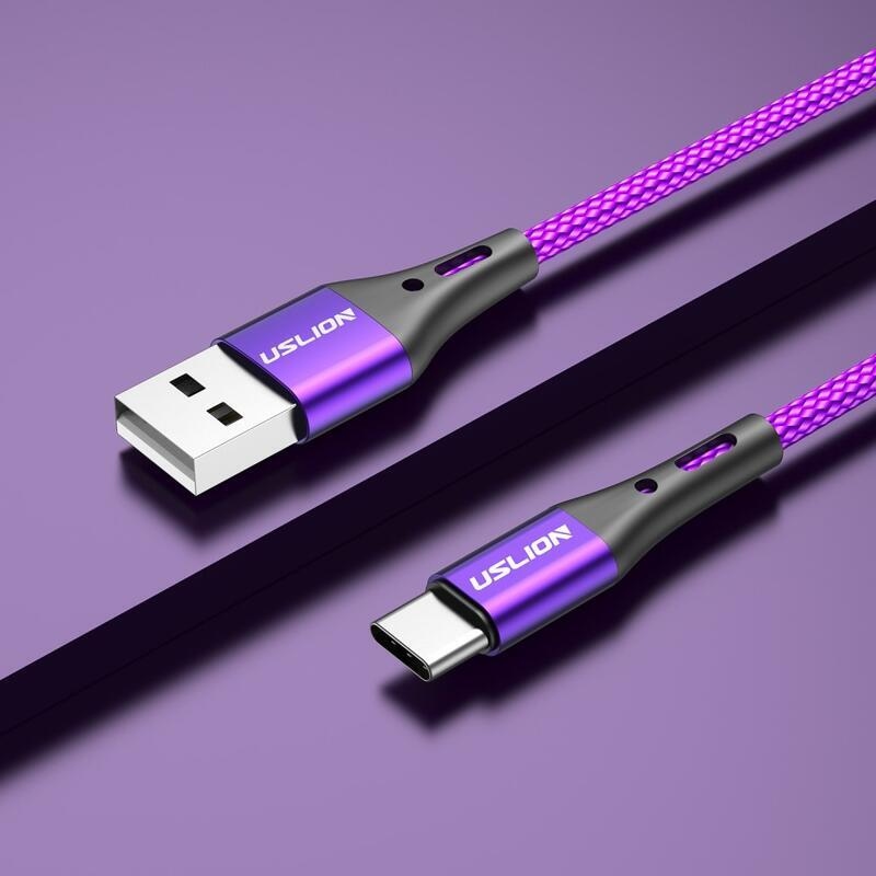 USLION tkaný USB kábel Type-C pre nabíjanie a synchronizáciu / 1m - fialový