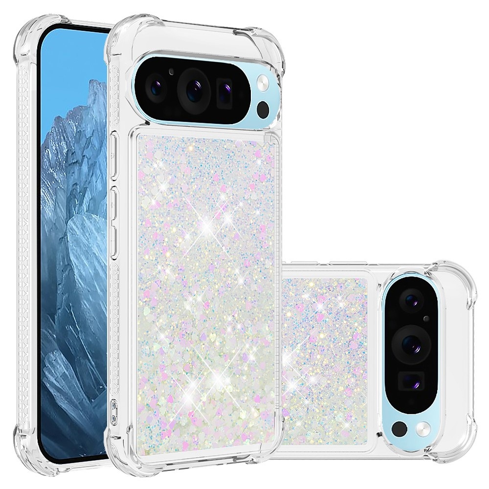 Glitter presýpací gélový obal na Google Pixel 10 Pro/Pixel 10 - ružovostrieborný/srdiečka