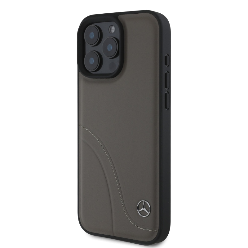 Mercedes Curved Stitches Leather Zadný Kryt pre iPhone 16 Pro Brown