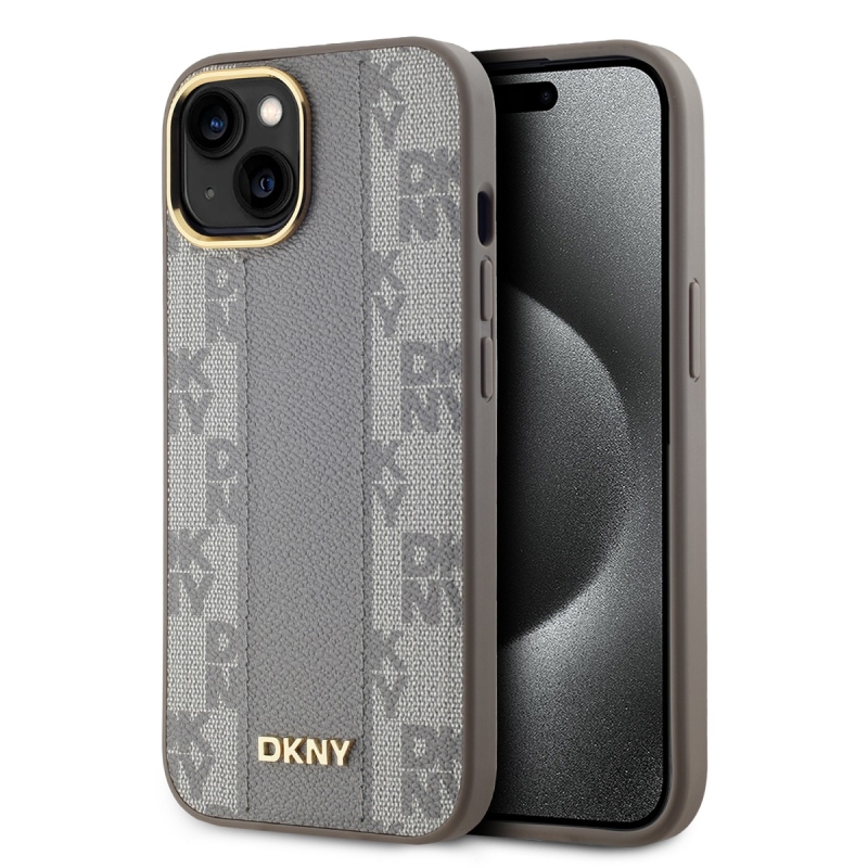 DKNY PU Leather Checkered Pattern Magsafe Zadný Kryt pre iPhone 15 Beige