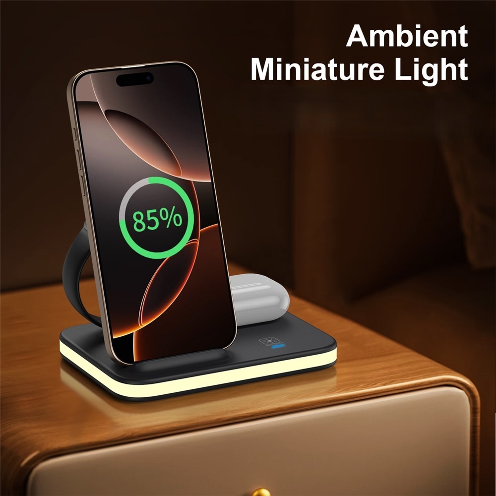 E16 skladacia bezdrôtová nabíjacia stanica 3v1 s nočným svetlom - čierna