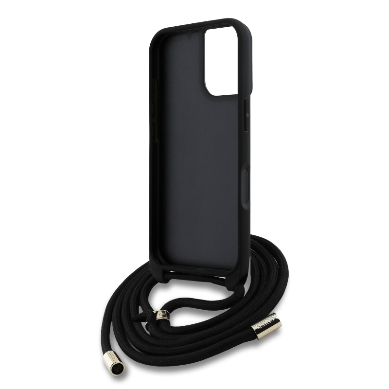 Guess PU 4G Kovové logo Crossbody Strap Zadný kryt pre iPhone 16 Black