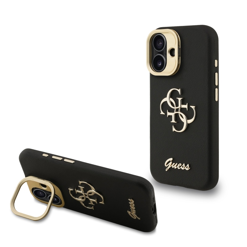 Guess PU Grained 4G Logo Stand Camera Frame Zadný Kryt pre iPhone 16 Black