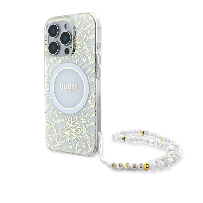Guess IML Flowers Allover Strap MagSafe Zadný Kryt pre iPhone 16 Pro Max White