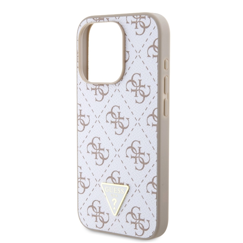 Guess PU Leather 4G Triangle Metal Logo Zadný Kryt pre iPhone 15 Pro White