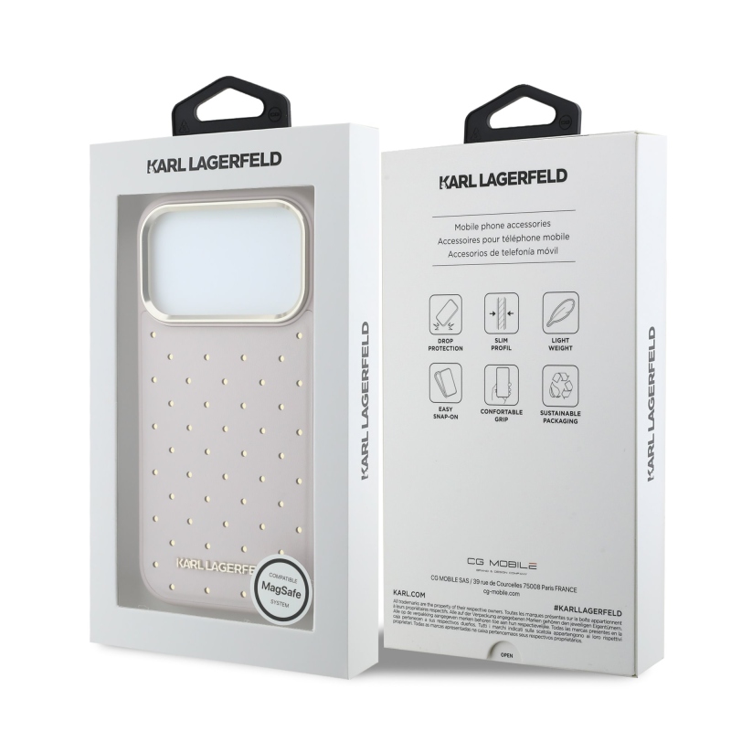 Karl Lagerfeld PU Perforated Gold Dots MagSafe zadný kryt pre iPhone 17 Pro Max ružový