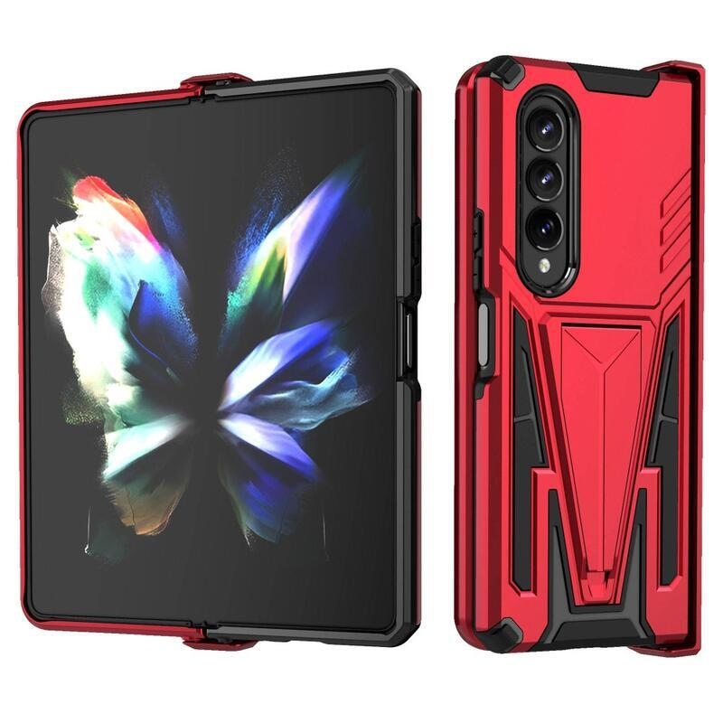 V-shape odolný hybridný kryt s výklopným stojanom na mobil Samsung Galaxy Z Fold4 5G - červený