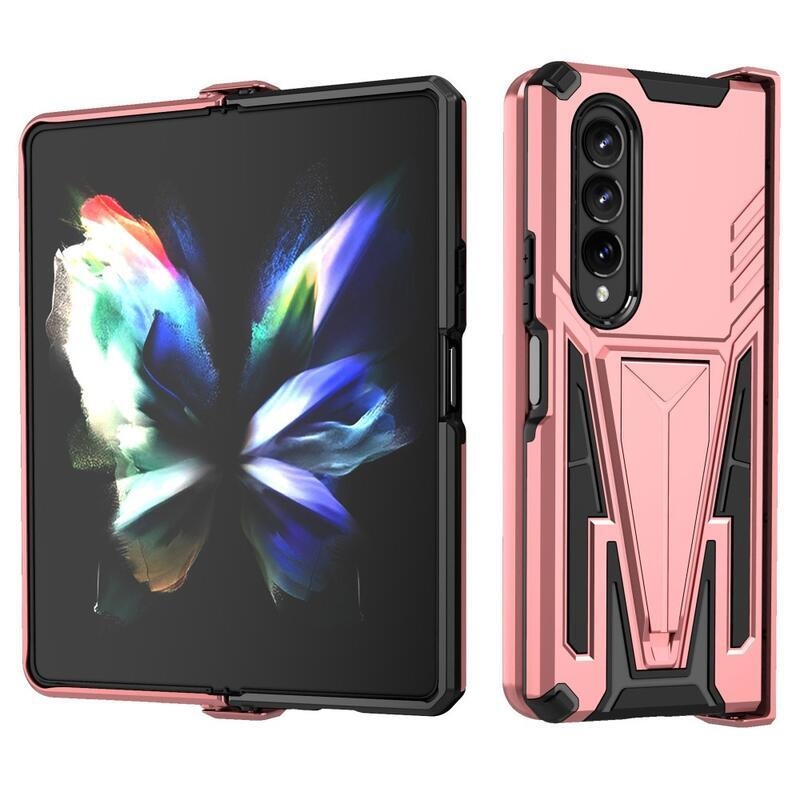 V-shape odolný hybridný kryt s výklopným stojanom na mobil Samsung Galaxy Z Fold4 5G - ružovozlatý