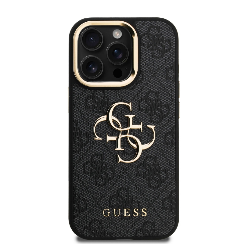 Guess PU 4G Metal Logo Stand Camera Frame Zadný Kryt pre iPhone 15 Pro Max Black