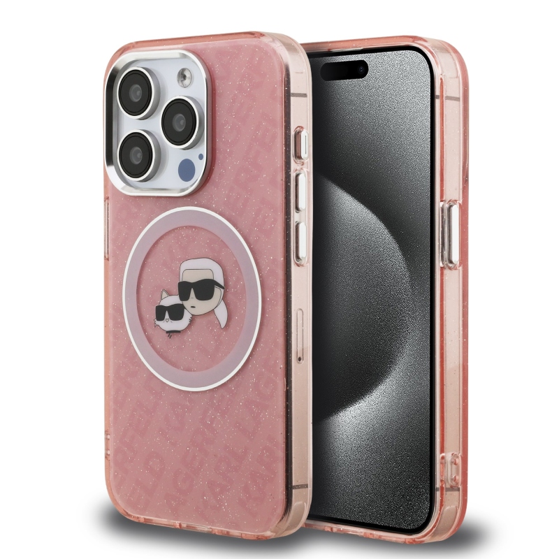 Karl Lagerfeld IML K&CH Heads Repeated Logo MagSafe Zadný Kryt pre iPhone 15 Pro Pink